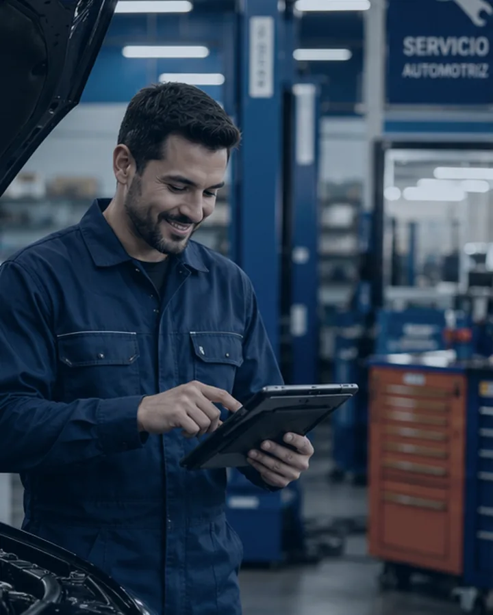 Un mecánico registra una mantención desde una tablet en el taller